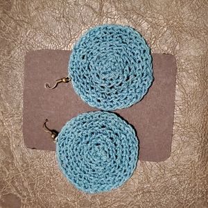 THANDMADE EARRINGS CIRCLE KNITTED IN TEAL BLUE HANDCRAFTED